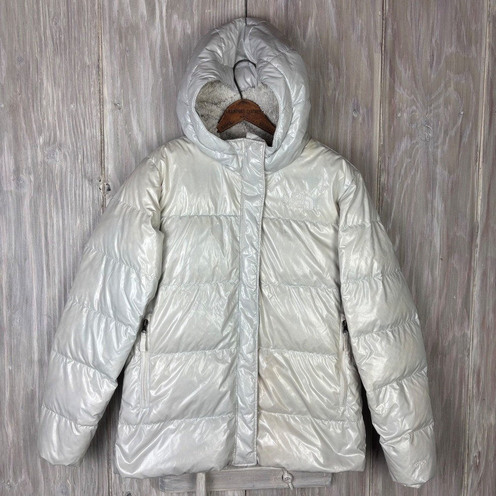 North Face Girls 600‎ Down Puffer Hooded Jacket Iridescent White XL 14 16 *READ*